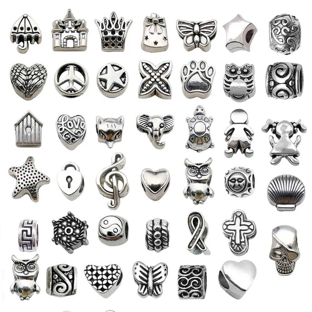 Antique Silver Zinc Alloy Large Hole Beads Charms For Bracelet DIY Jewelry Making Diverse Shapes Animals Hearts Stars