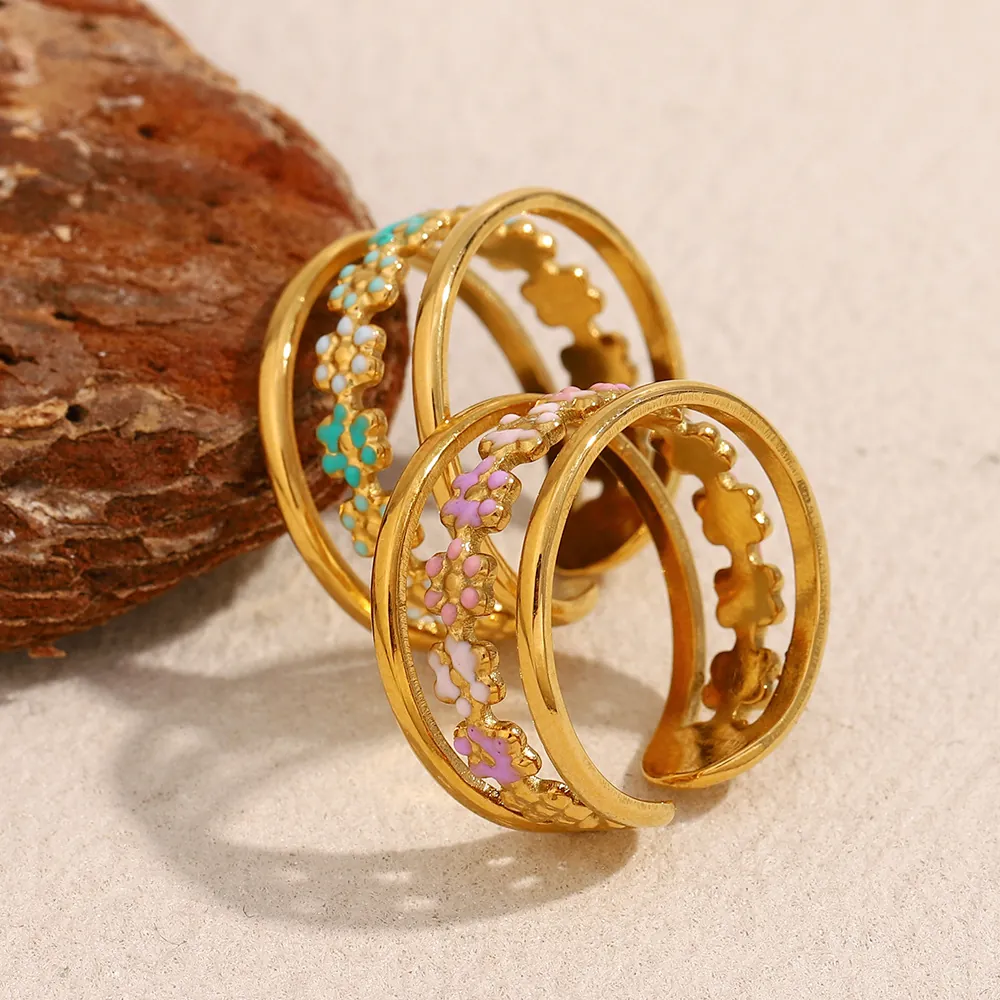 Multilayer Flower Open Ring 18K Gold Plated Stainless Steel Enamel Floral Adjustable Jewelry For Women Trendy Retro Style