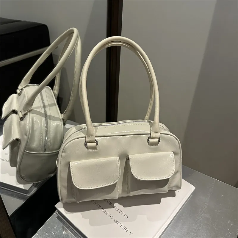 Borsa A Spalla Sottobraccio Donna Pelle Verniciata PU Doppie Tasche Anteriori Grande Capacità Stile Vintage Y2K Mano