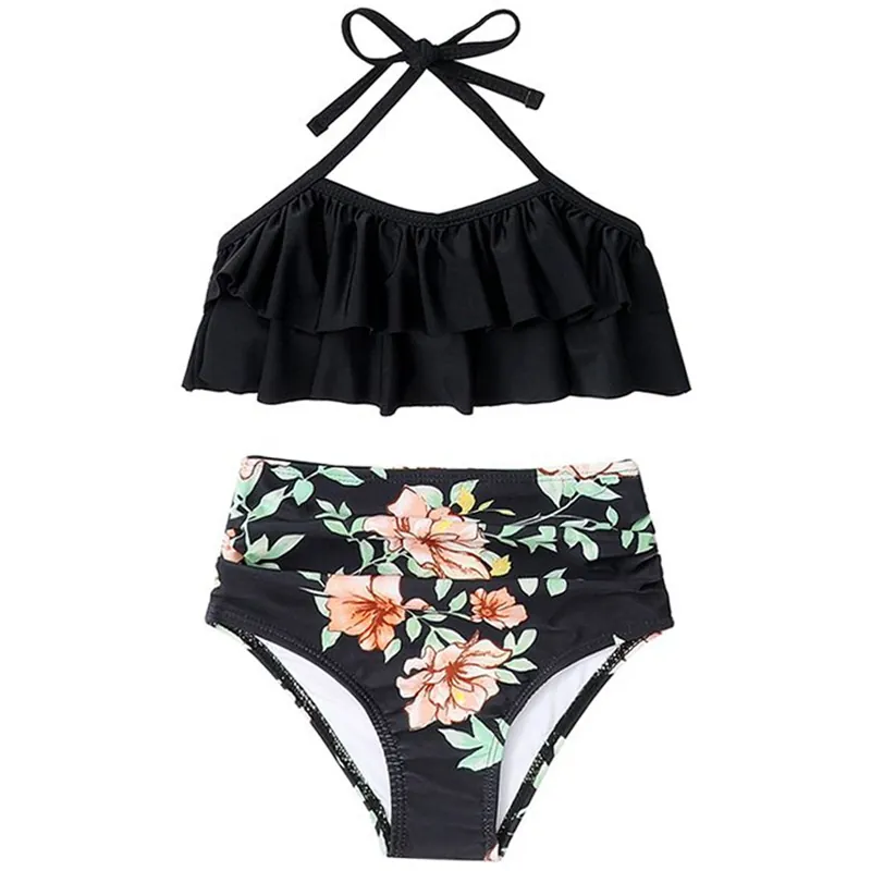 Girls Swimsuit Halter Ruffle Top High Waist Bottom Tropical Floral Print Nylon Swimwear For Toddler Kids