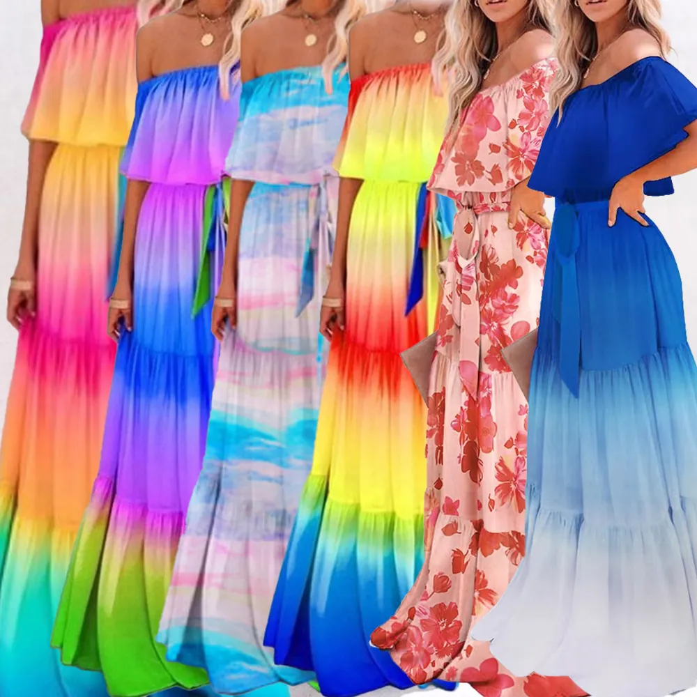 Women Off Shoulder Printed Maxi Dress Gradient Boho Flounce Smocked Waist Ruffle Tiered Summer Beach Vacation Long Dress