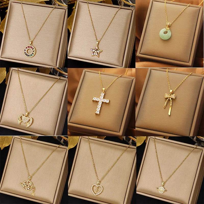 Women Fashion Necklace Stainless Steel Zircon Alloy Butterfly Heart Cross Pendant Luxury Elegant Jewelry Accessory