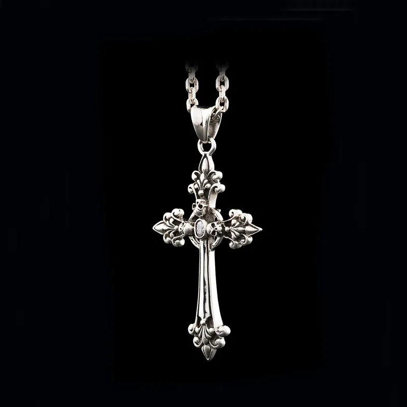 Gothic Cross Pendant Necklace Silver Plated Copper Retro Skull Clear Gemstone Punk Jewelry For Men Women