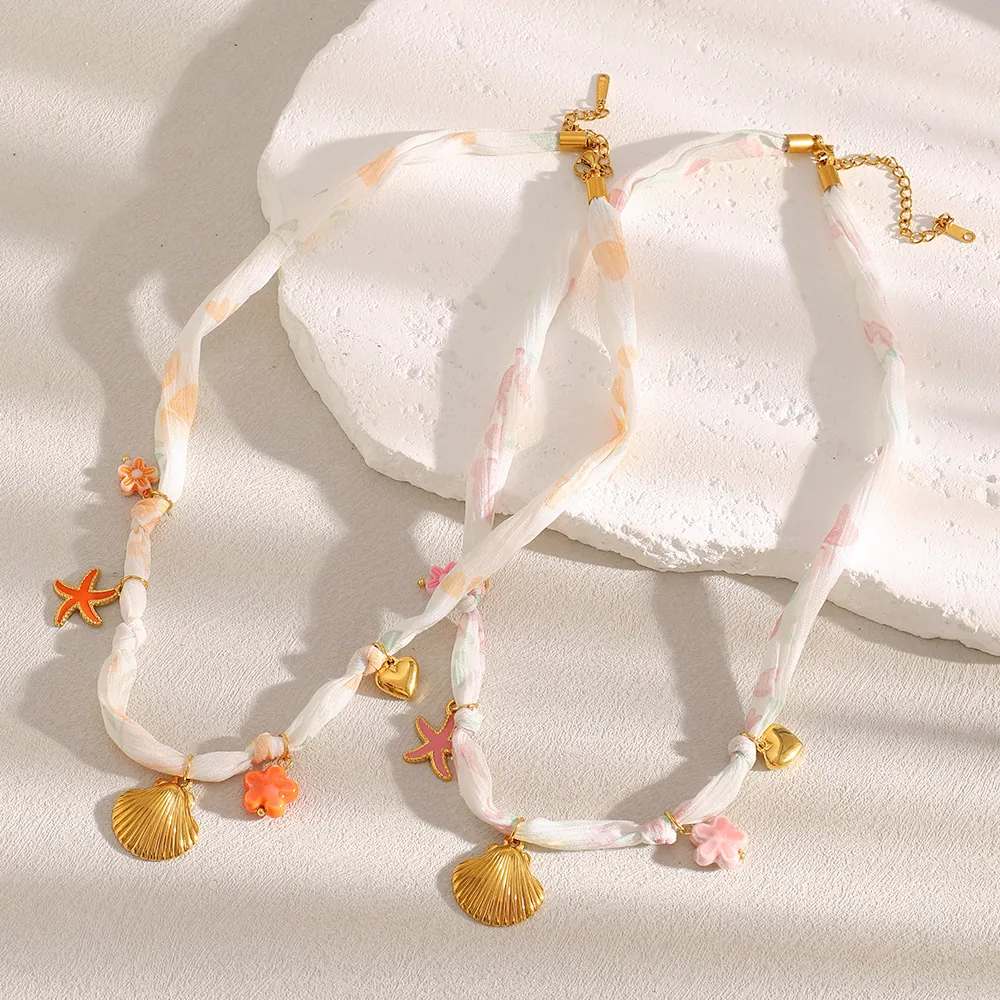 Stainless Steel Ribbon Necklace 18K Gold Plated Starfish Shell Heart Pendant Fabric Choker Summer Vacation Jewelry For Women