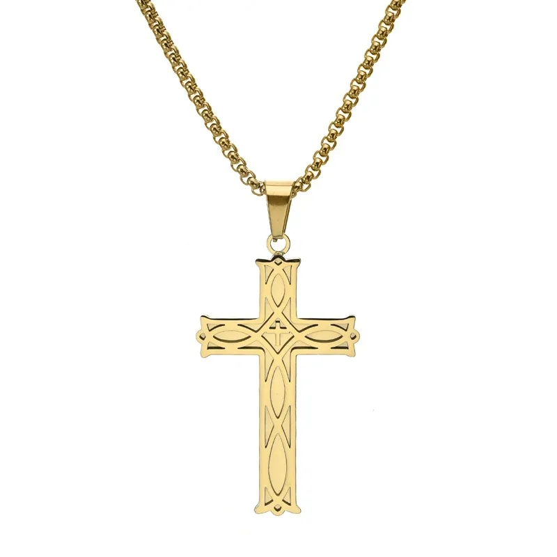 Cross Pendant Necklace Titanium Steel Irish Knot Hollow Out Celtic Religious Jewelry For Men