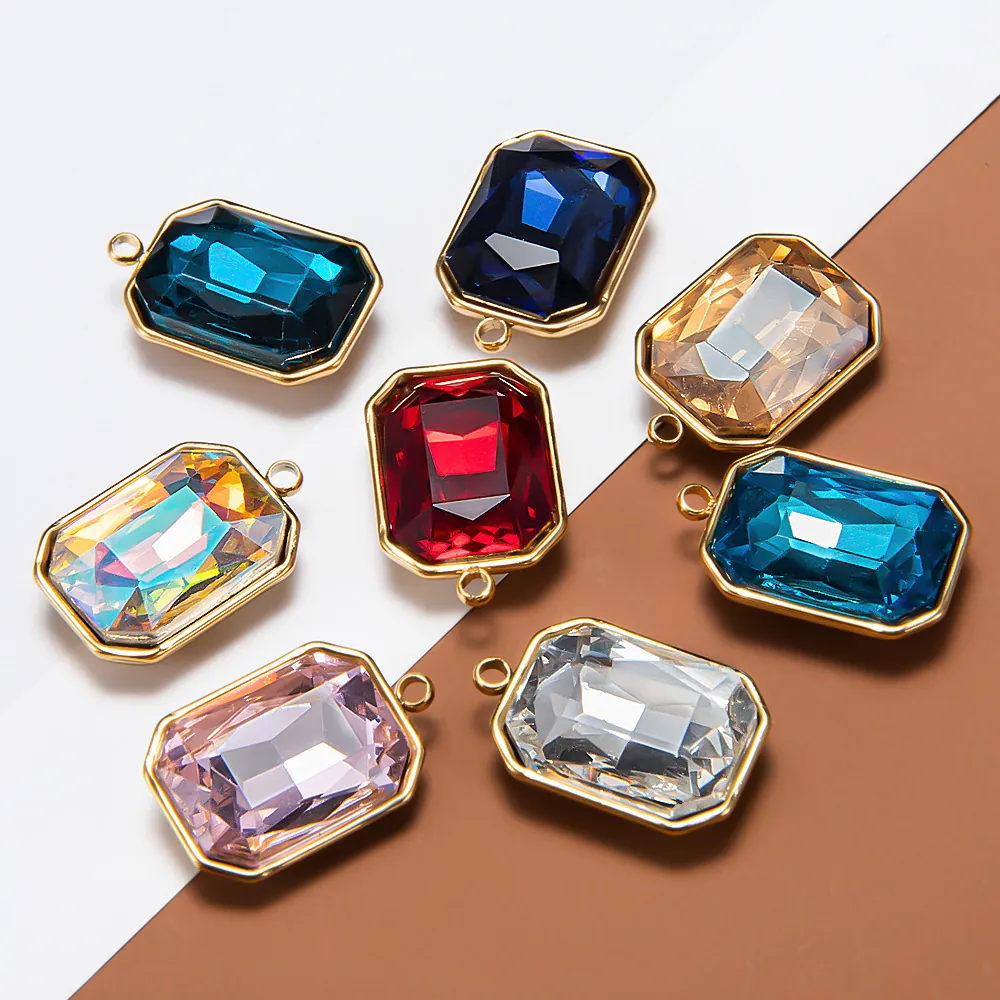 Rectangular Faceted Glass Charm Pendants With Stainless Steel Frame For DIY Jewelry Making Earrings Necklaces Fashion