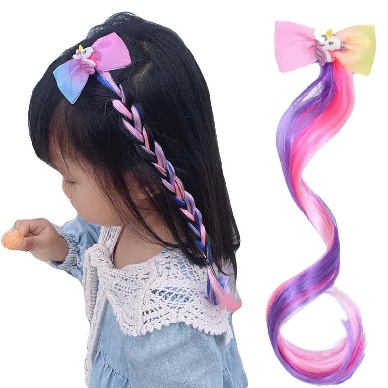 Girls Unicorn Rainbow Bow Hair Clip With Colorful Gradient Synthetic Hair Extension