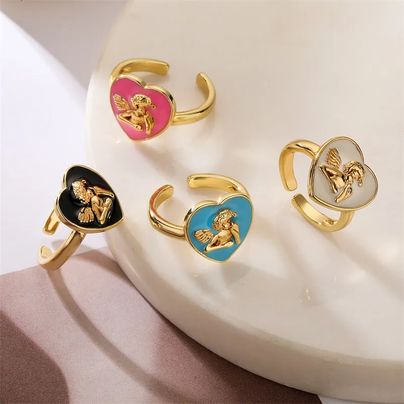 Anello Aperto Cuore Angelo Rame Placcato Oro Smalto Cupido Rilievo Regolabile Gioielli Retro Per Donna