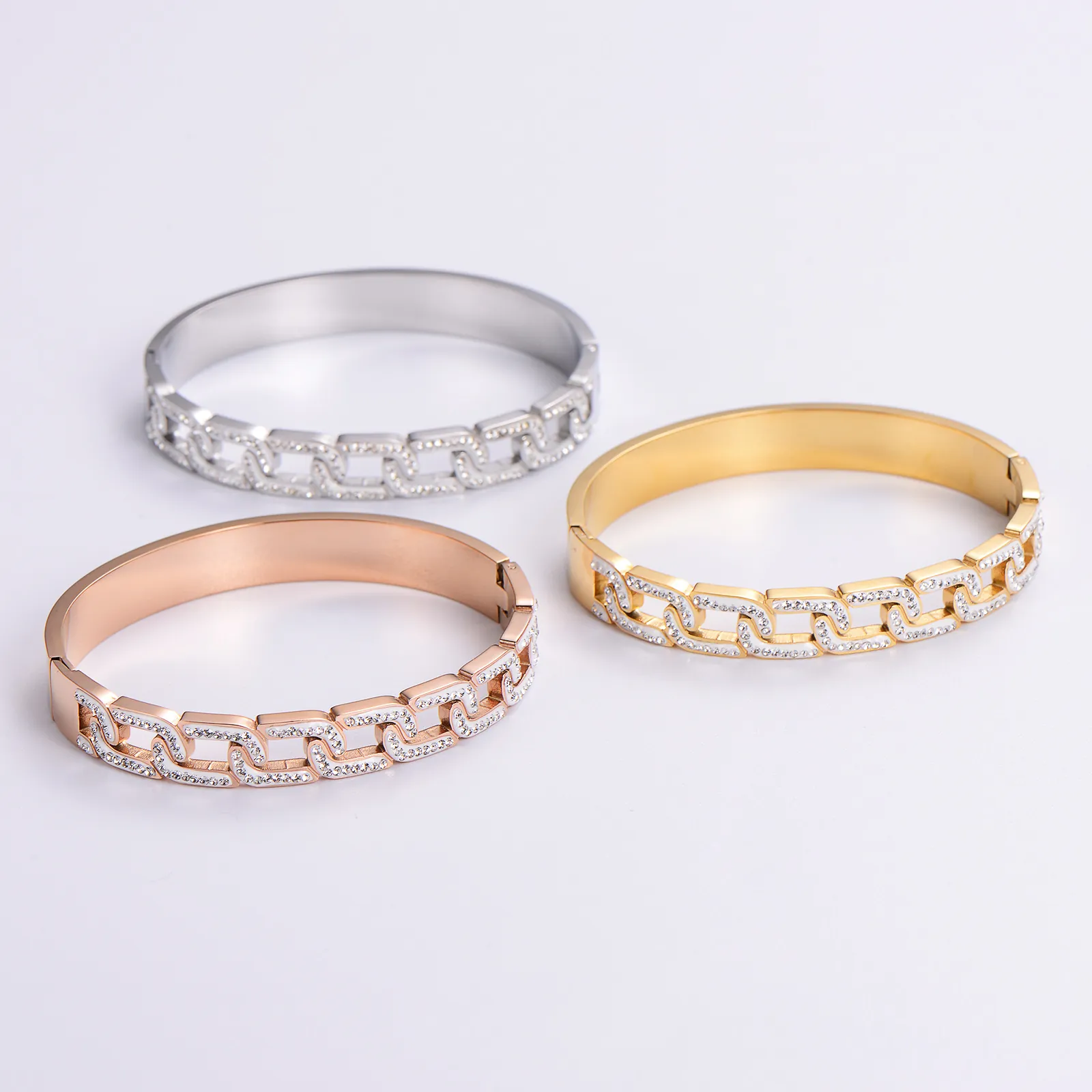 Fashion Chain Link Bangle Bracelet Stainless Steel Rhinestone Inlaid Open Cuff Jewelry For Women Minimalist