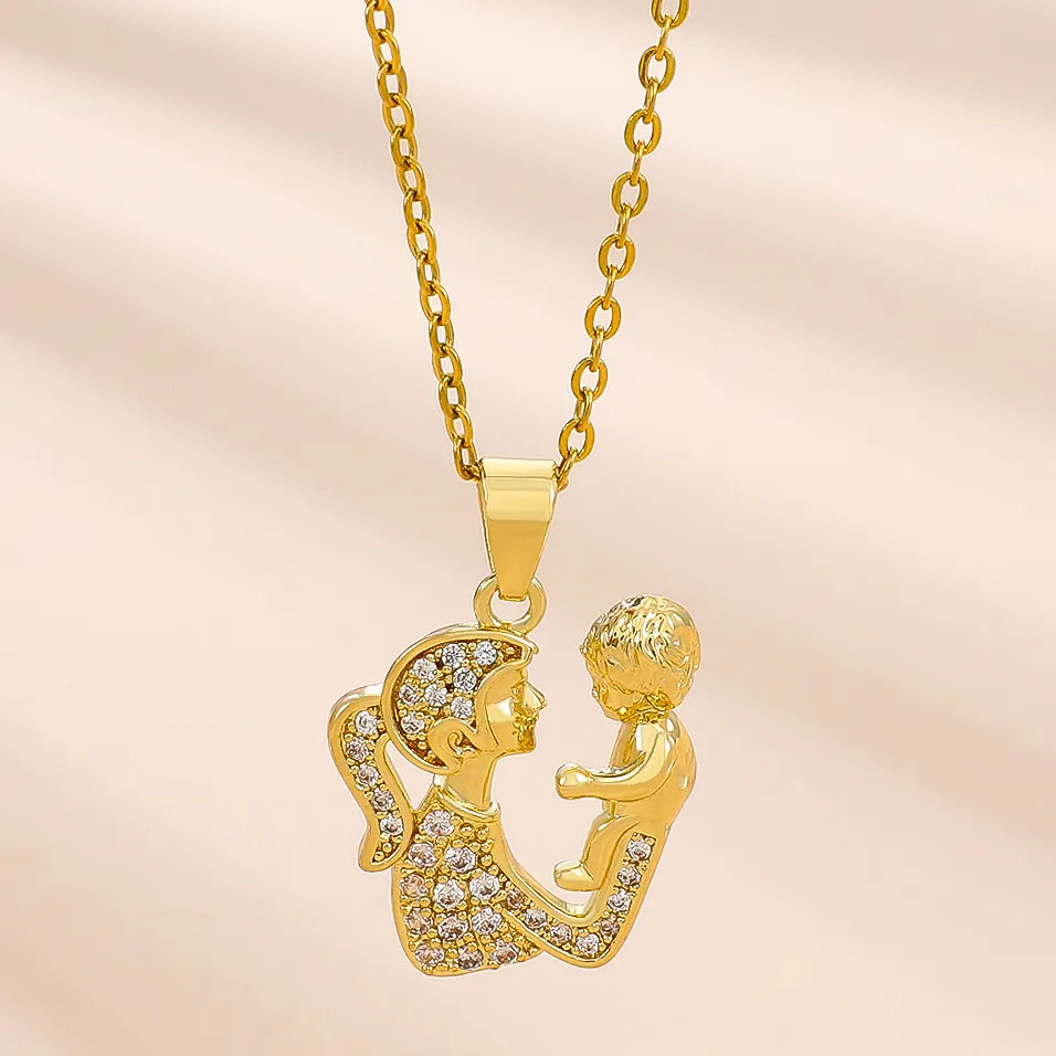 Vintage Alloy Mother Child Pendant Necklace With Rhinestones Fashion Clavicle Chain Gift For Mother Day Women Jewelry