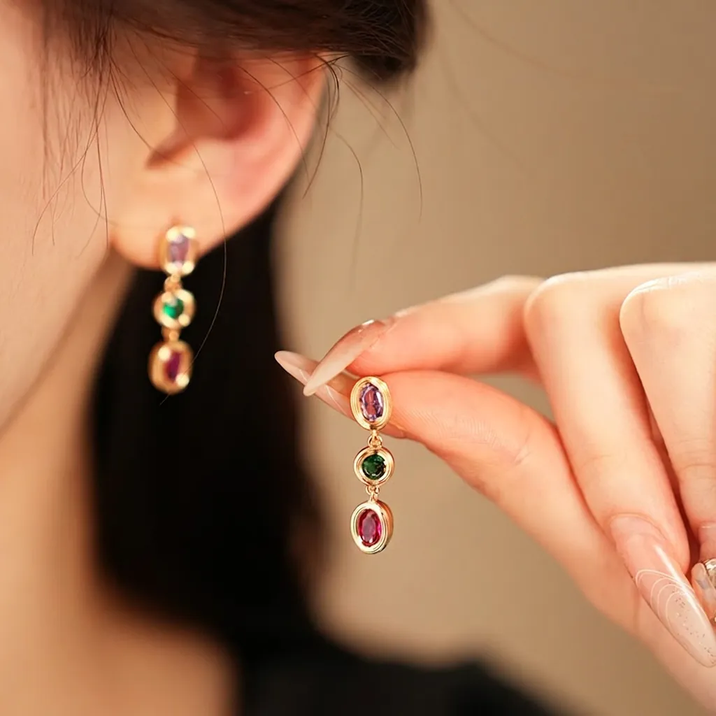 Vintage Ovale Bunte Zirkonia Ohrhänger Mit Silber Ohrstecker Vergoldetes Kupfer Luxusschmuck Für Damen