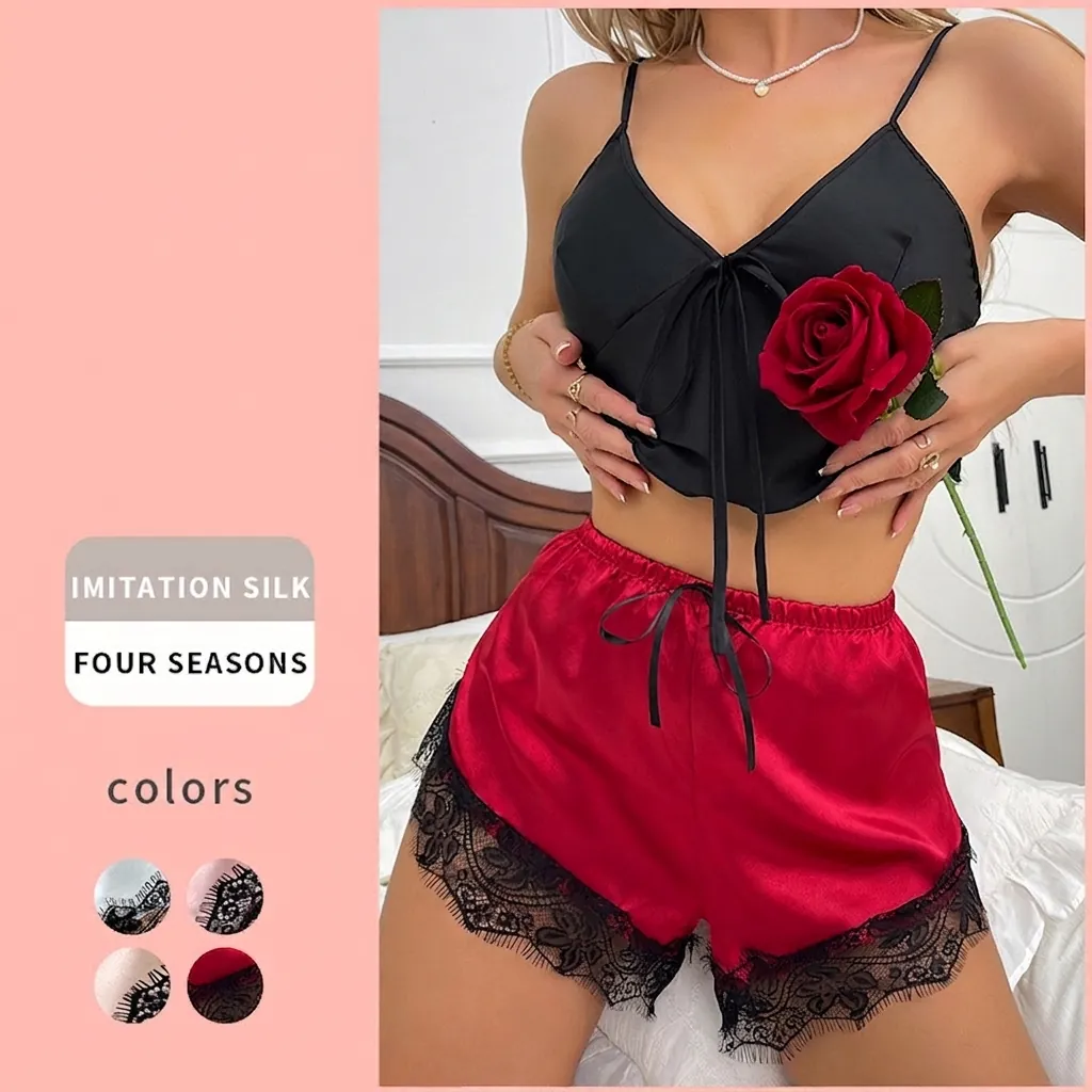 Women Satin Sleepwear Camisole Top And Shorts With Lace Trim V Neck Backless Bow Knot Sexy Loungewear