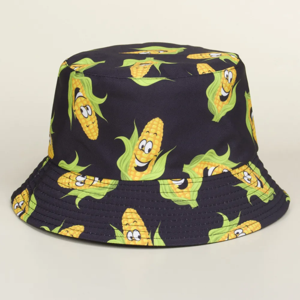 Bucket Hat Cartoon Corn Print Cotton Canvas Sun Protection Reversible Casual Outdoor Sunshade