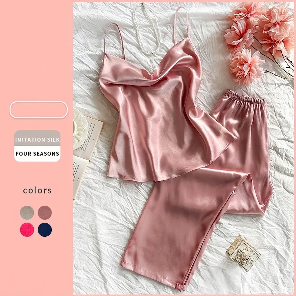 Women Cami Top And Long Pants Pajamas Imitation Satin Satin Sleepwear Sexy V Neck Solid Color Loungewear Soft