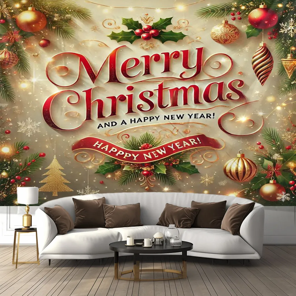 Christmas Tapestry Wall Hanging Polyester Fabric Festive Red Gold Pattern Holiday Party Home Decor Backdrop