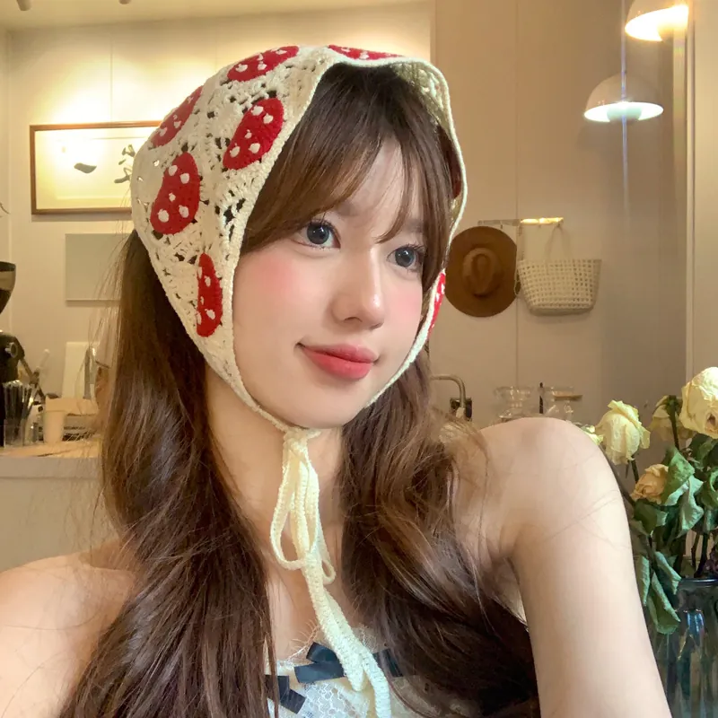 Bandana Crochet Triangle Foulard Tricot Coton Motif Fraise Champignon Rétro Douce Accessoires Cheveux Femmes