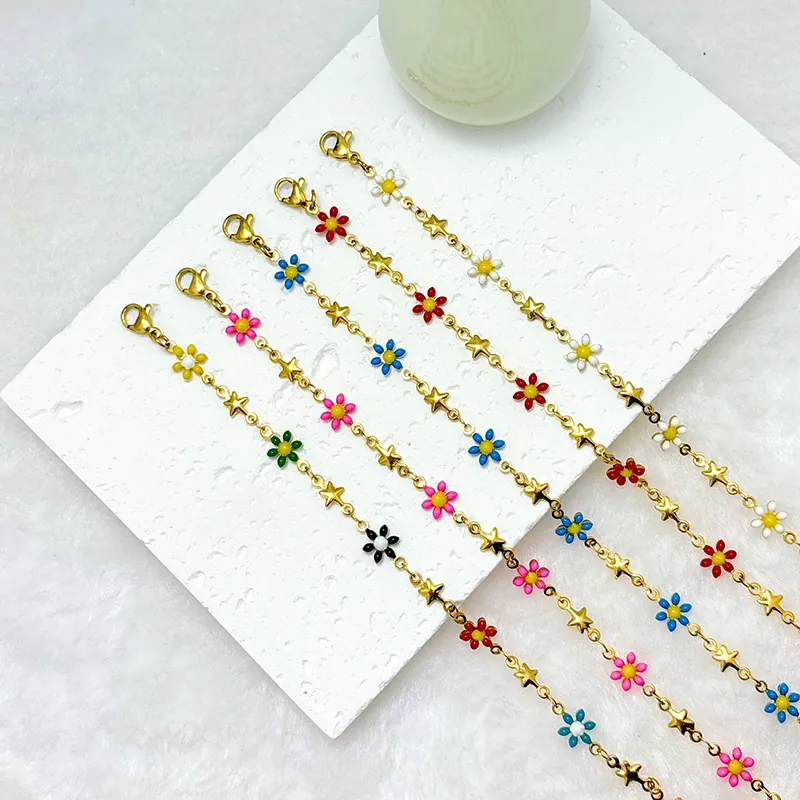 Daisy Flower Star Charm Bracelet Stainless Steel Enamel Sweet Ins Style Fashion Jewelry For Women Double Sided