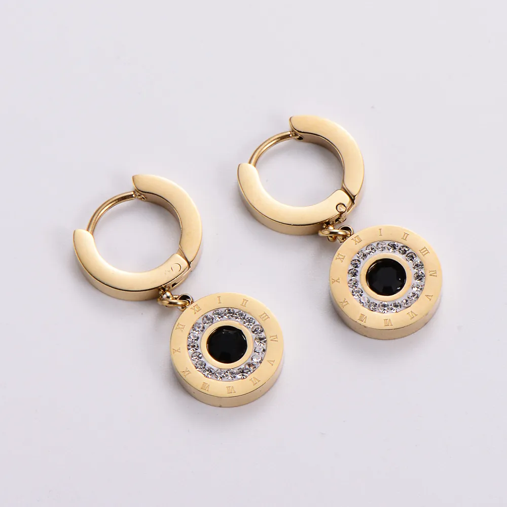 Roman Numeral Hoop Earrings 316L Stainless Steel Gold Plated With Black Stone And Rhinestone Vintage Jewelry For Women
