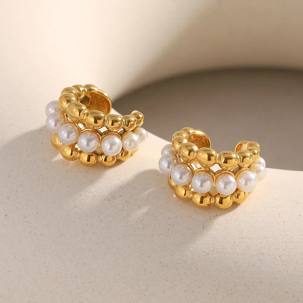 C-Shaped Ear Cuffs Stainless Steel 18K Gold Plated Imitation Artificial Pearl Multi-Layer Non-Piercing Ear Clips For Women