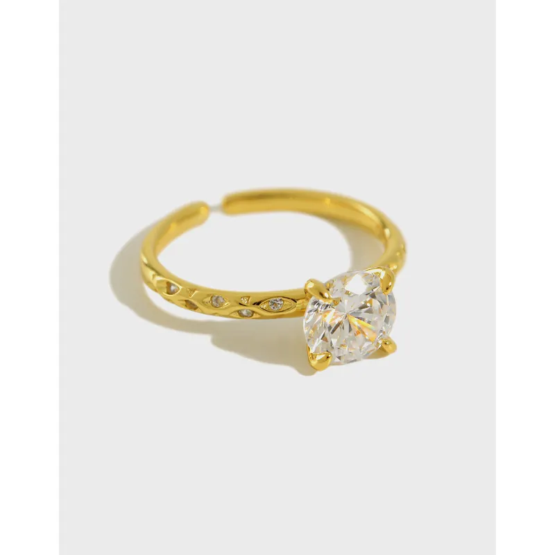 S925 Sterling Silver Round Zirconia Four-Claw Adjustable Ring For Women Minimalist Korean Style White Gold 18K Gold Plated Jewelry
