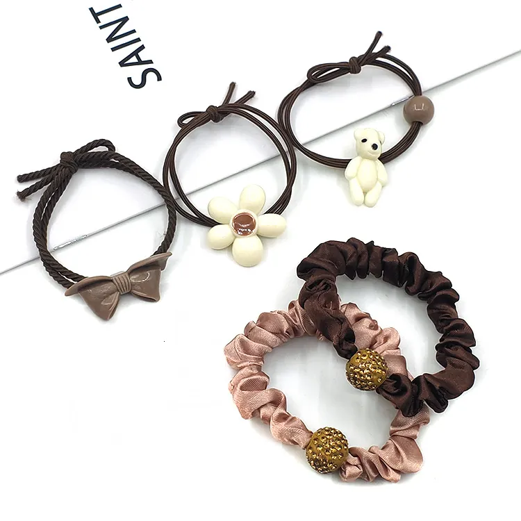 Korean Style Brown Hair Ties Scrunchies Fabric Elastic Hairbands With Bear Flower Bowknot Rhinestone For Women Girl