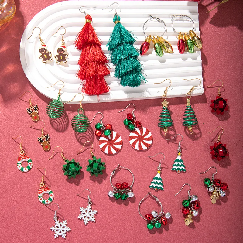 Christmas Earrings Alloy Enamel Tassel Reindeer Santa Claus Christmas Tree Snowflake Bell Holiday Party Earring Post For Women