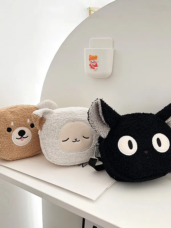 Plush Animal Shaped Crossbody Bag Lamb Wool Shoulder Pouch Cartoon Cute For Girls Women Adjustable Strap Zipper