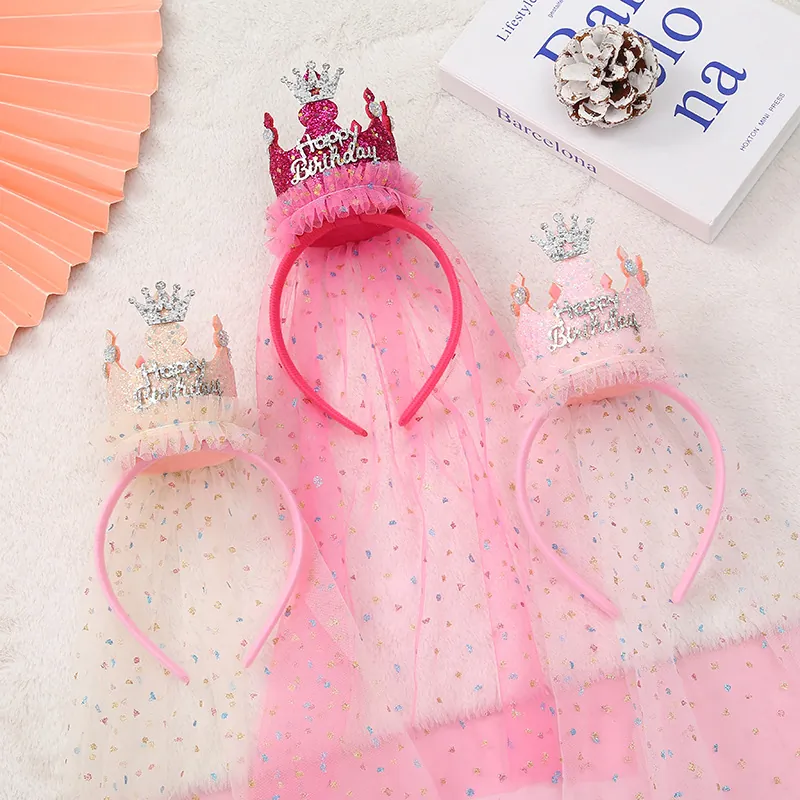 Kids Happy Birthday Crown Headband With Long Mesh Veil Sequin Glitter Princess Hair Accessories For Children Girls Party
