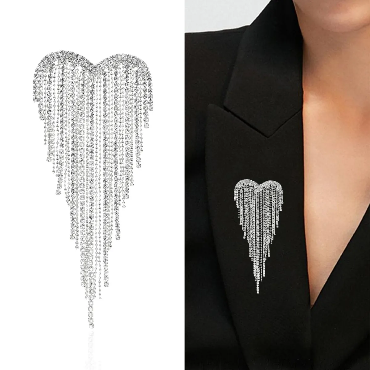 Lussuosa Spilla a Cuore in Lega con Strass e Nappe Elegante Spilla per Abito con Frange a Catena Lunga per Donna Accessori Moda