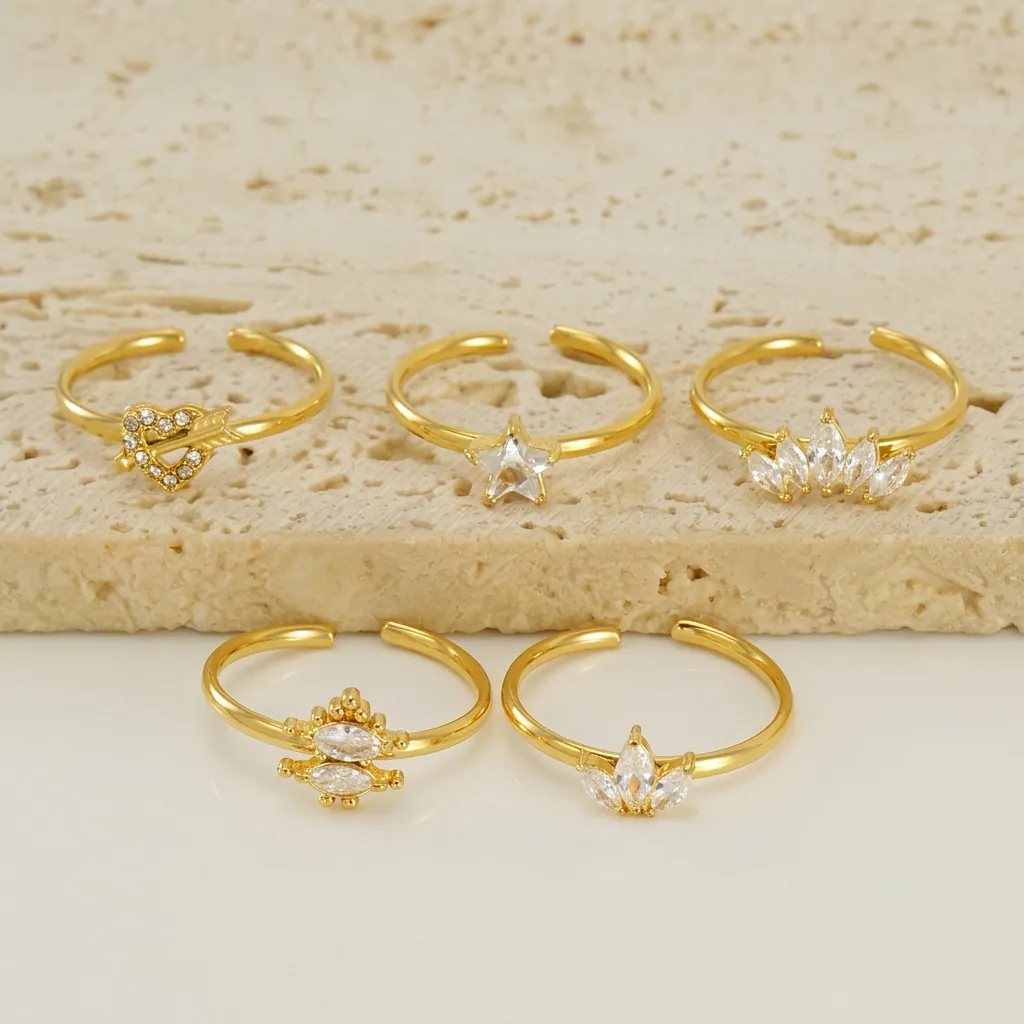 Bague Ouverte Ajustable En Acier Inoxydable Avec Zircon Étoile Cœur Feuille Couronne Plaqué Or 18K Bijoux Mode Femme