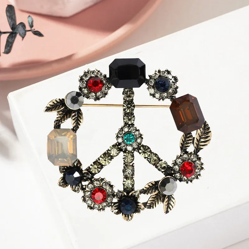 Retro Baroque Alloy Rhinestone Peace Sign Brooch Multi Color Gemstone Flower Leaf Pin For Women Coat Cardigan Accessories
