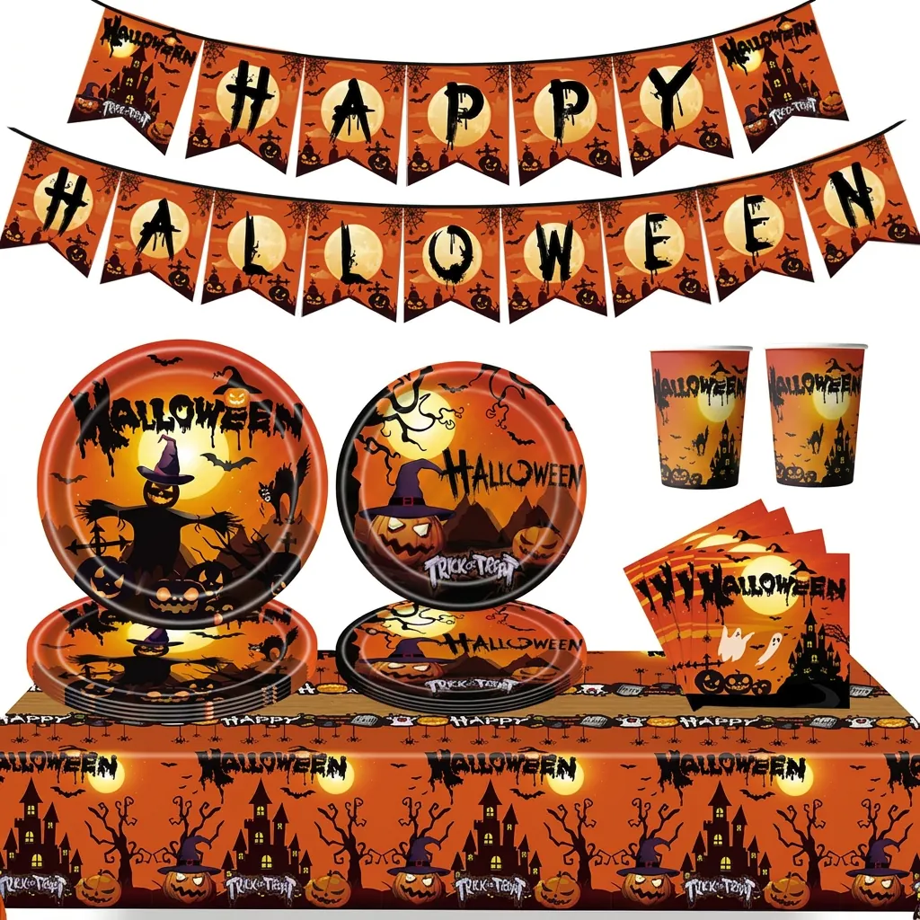 Halloween Party Tableware Disposable Paper Plates Cups Napkins Tablecloth Banner Orange Black Pumpkin Ghost Decor