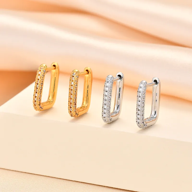 Geometric Rectangle Huggie Earrings Copper Pave Zircon U-Shape Minimalist Retro Style For Women