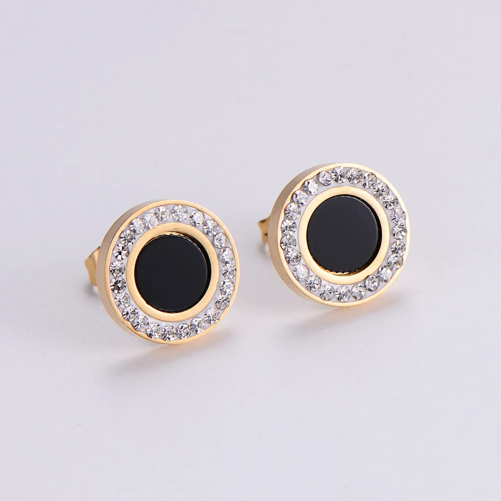 Round Stud Earrings 316L Stainless Steel 18K Gold Plated Black Geometric Rhinestone Minimalist Jewelry For Women