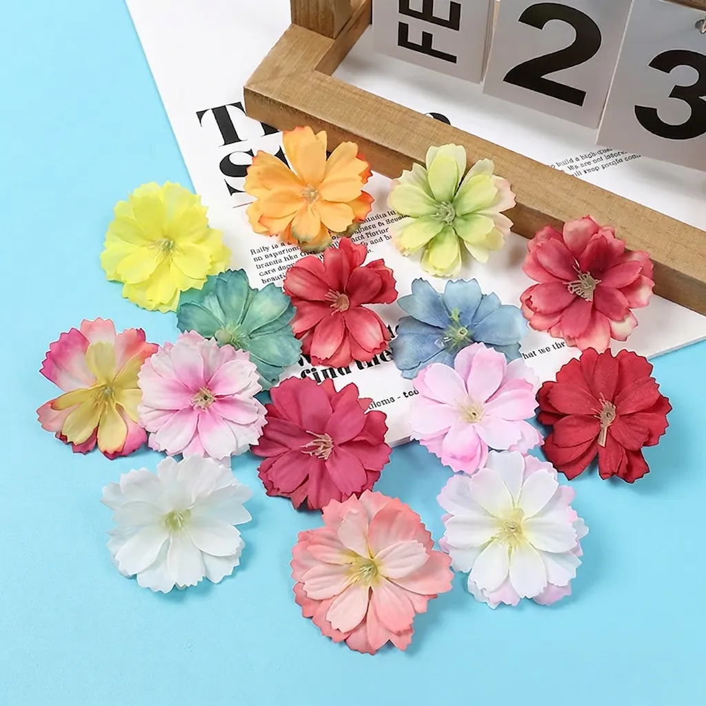 Artificial Plum Blossom Flower Heads Satin Fabric DIY Craft Wedding Decor Hair Accessories Colorful Realistic