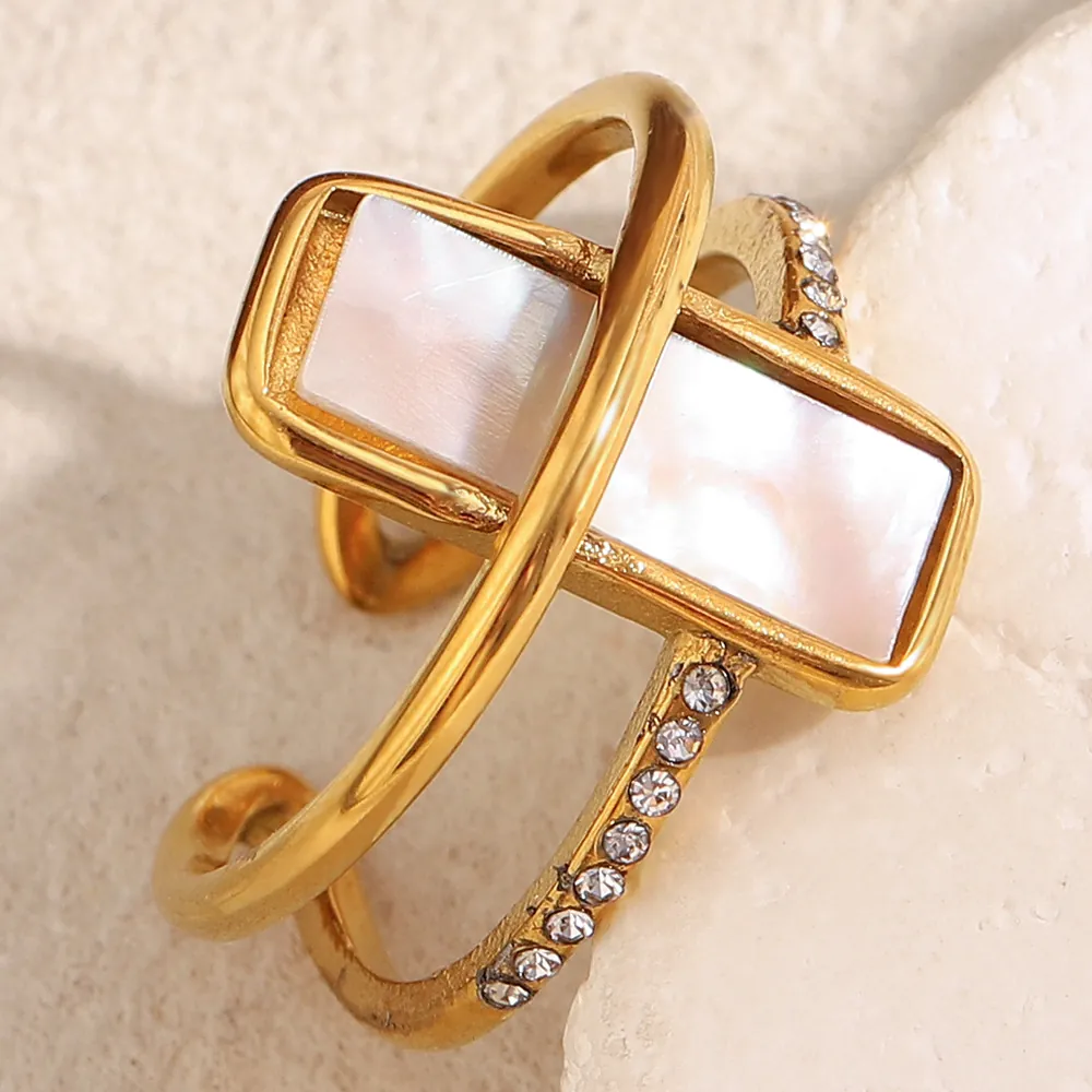 Layered Open Ring Stainless Steel 18K Gold Plated White Mother Of Artificial Pearl Zirconia Geometric Adjustable For Women