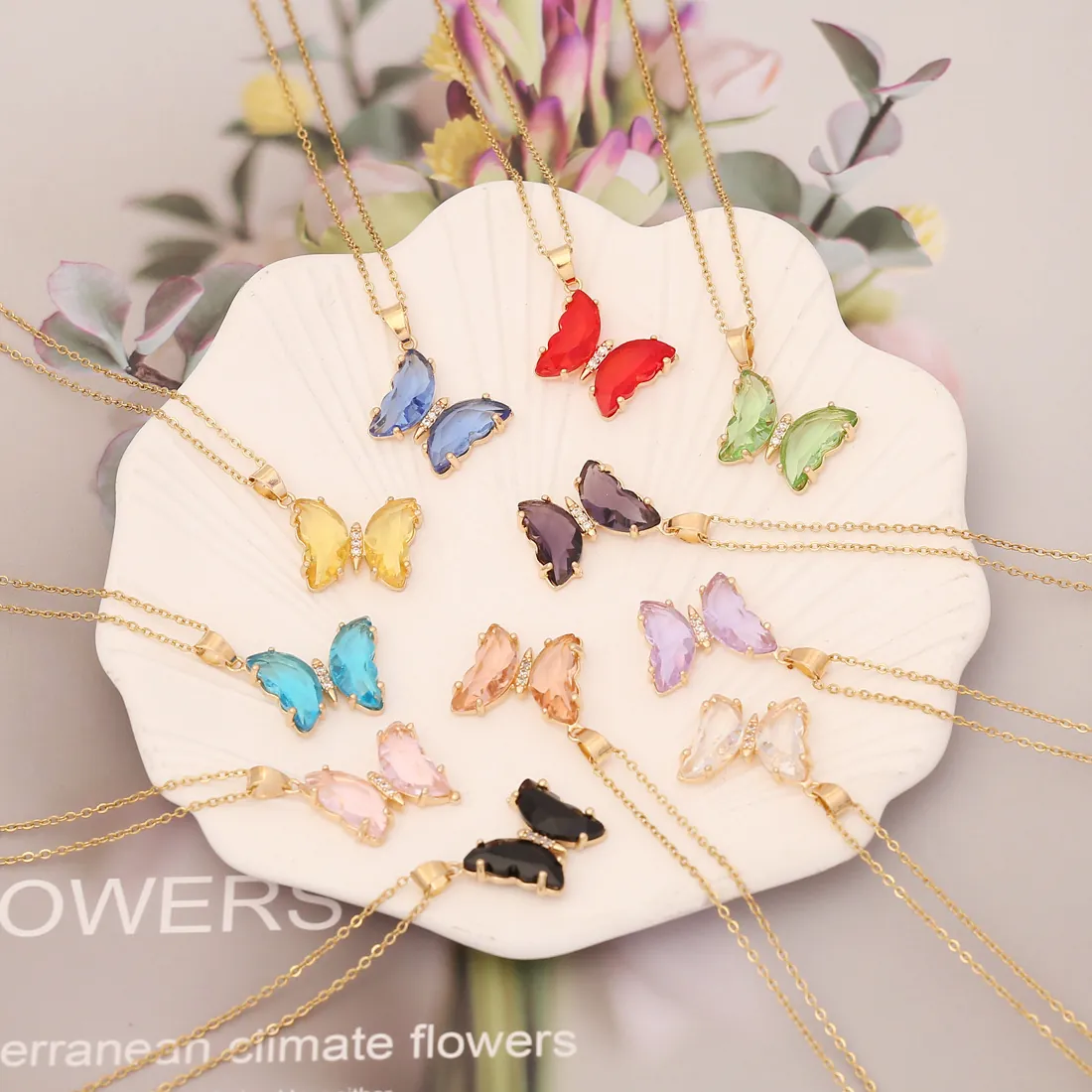 Collier Pendentif Papillon Acier Inoxydable Cuivre Verre Aile Cristal Coloré Zircon Bijoux Pour Femmes