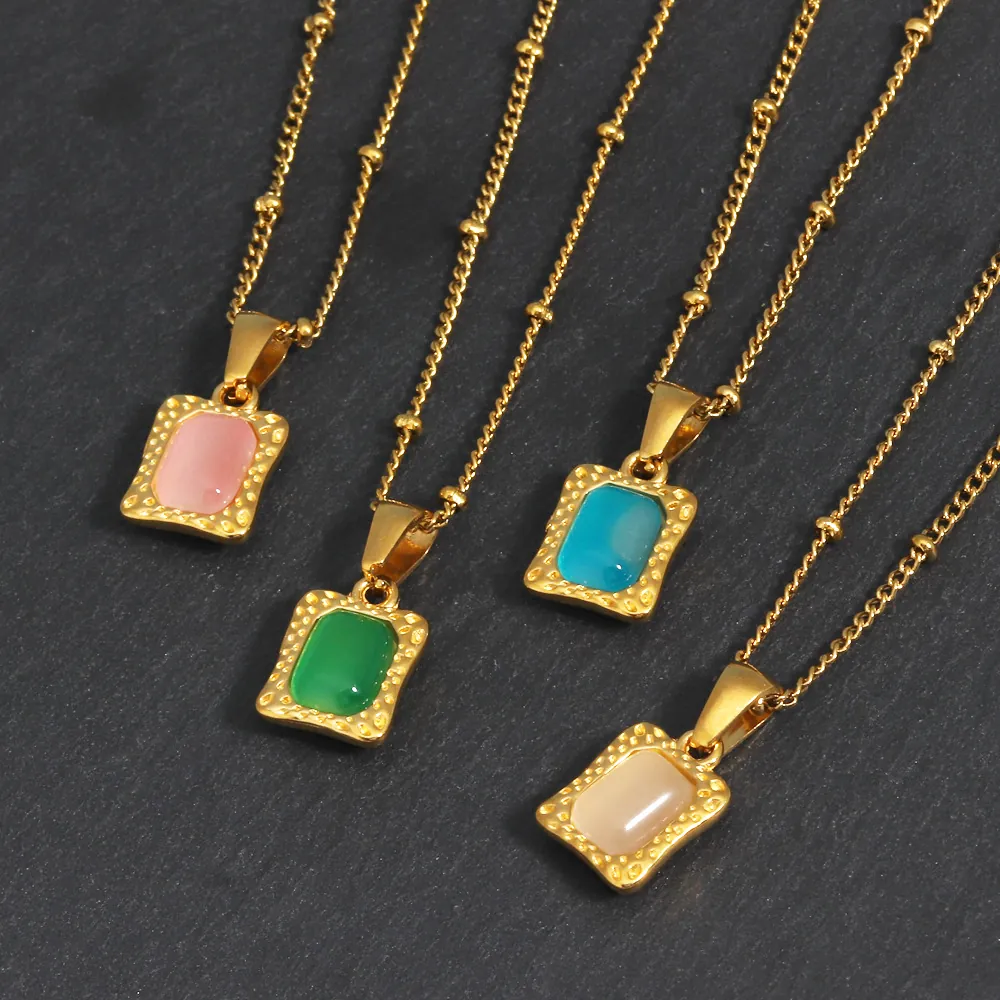 Vierkante Edelsteen Hanger Ketting Vintage Verguld Messing Kralenketting Geometrische Sieraden Voor Dames