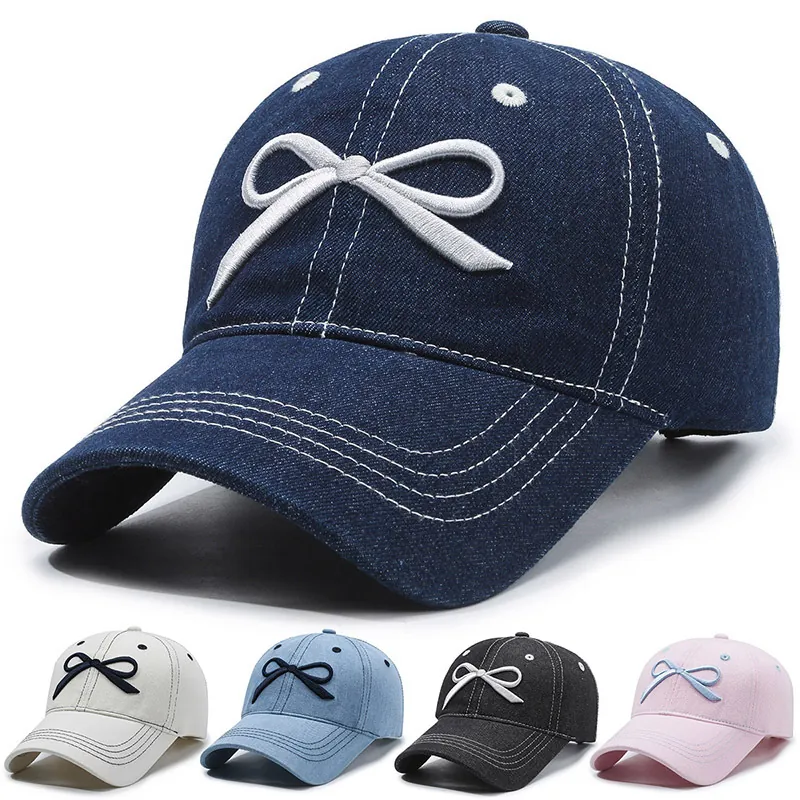 Bow Embroidery Denim Baseball Cap Washed Cotton Adjustable Sun Hat Casual Versatile For Women