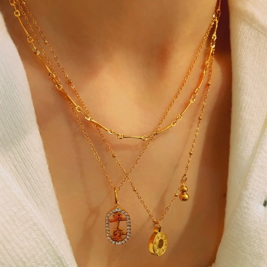 Gold Stainless Steel Chinese Ping'an Character Pendant Necklace For Women Layered Rhinestone Gourd Bone Link Jewelry