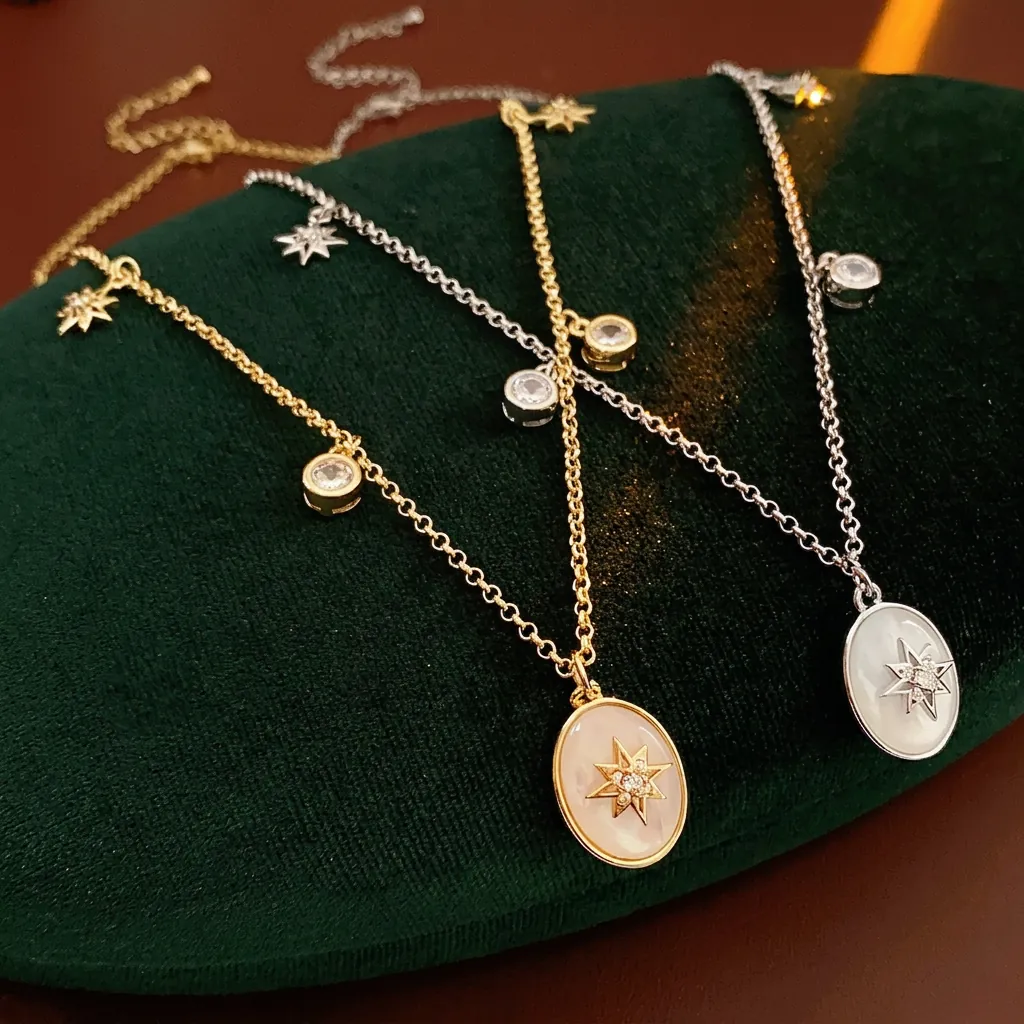 Collana Con Pendente A Stella Ovale Rame Placcato Oro Con Madreperla E Strass Gioielli Vintage Per Donne