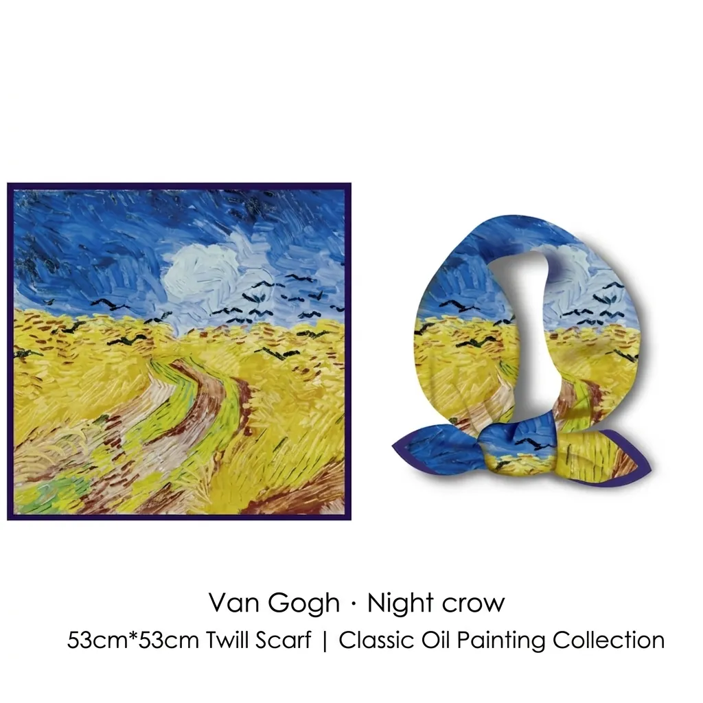 Foulard Carré en Satin Peinture à l'Huile Van Gogh Champ de Blé aux Corbeaux Impression Numérique Artistique pour Femmes