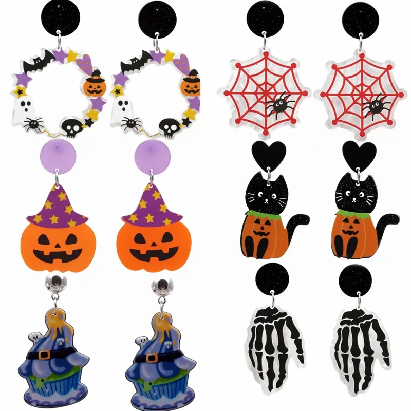 Boucles D'oreilles Halloween Pour Femmes Acrylique Citrouille Chat Noir Toile D'araignée Main De Squelette Accessoires De Déguisement