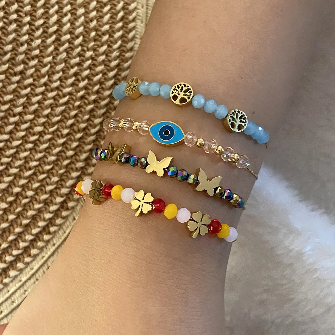 Bracelet En Perles D'Acier Inoxydable Cristal Papillon Mauvais Oeil Arbre De Vie Charmes Réglable Bijoux Boho Pour Femmes