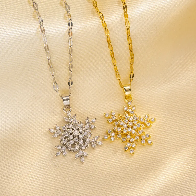 Collier Pendentif Flocon De Neige Rotatif Acier Titane Zircone Bijoux Étincelants Pour Femmes Élégant