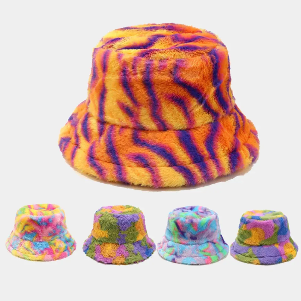 Plush Bucket Hat Faux Fur Colorful Tie Dye Animal Stripe Pattern Warm Thick Winter Fisherman Cap For Women Outdoor
