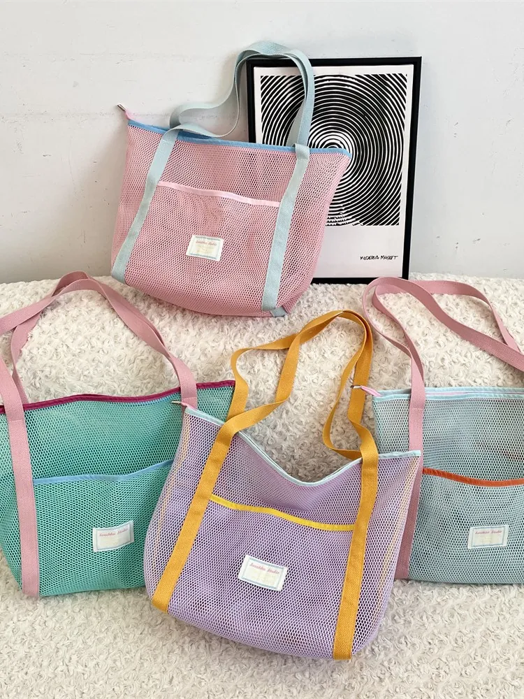 Sac Fourre-Tout En Maille Grande Capacité Sac À Main Bandoulière En Polyester Avec Poche Avant Pour Plage Voyage Shopping