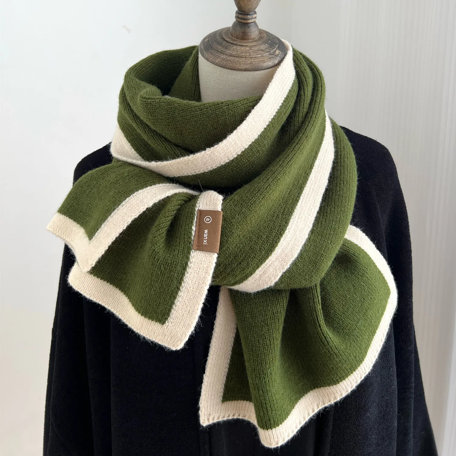 Knit Scarf Acrylic Color Block Contrasting Border Winter Warm Soft Long Scarf Wraps For Women Men