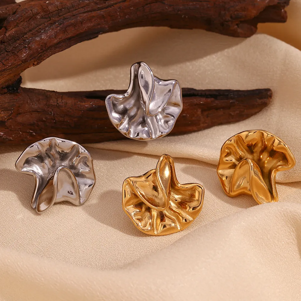 Vintage Irregular Hammered Stud Earrings For Women Stainless Steel 18K Gold Plated Wrinkled Geometric Fashion Jewelry