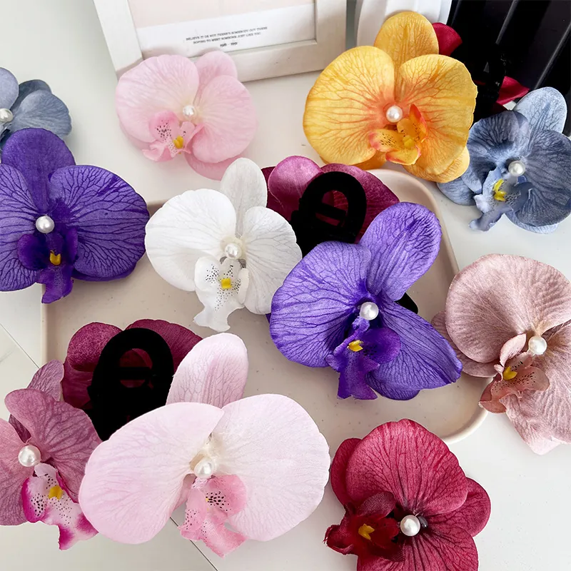 Simulation Phalaenopsis Orchid Flower Hair Clip With Imitation Artificial Pearl Fabric Handmade Retro Floral Hair Claw For Women Girls